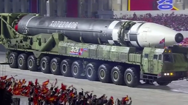 This image made from video broadcasted by North Korea's KRT, shows a military parade with what appears to be possible new intercontinental ballistic missile at the Kim Il Sung Square in Pyongyang, Saturday, Oct. 10, 2020. North Korean leader Kim Jong Un warned Saturday that his country would ???fully mobilize??? its nuclear force if threatened as he took center stage at a massive military parade to mark the 75th anniversary of the country???s ruling party. (KRT via AP)