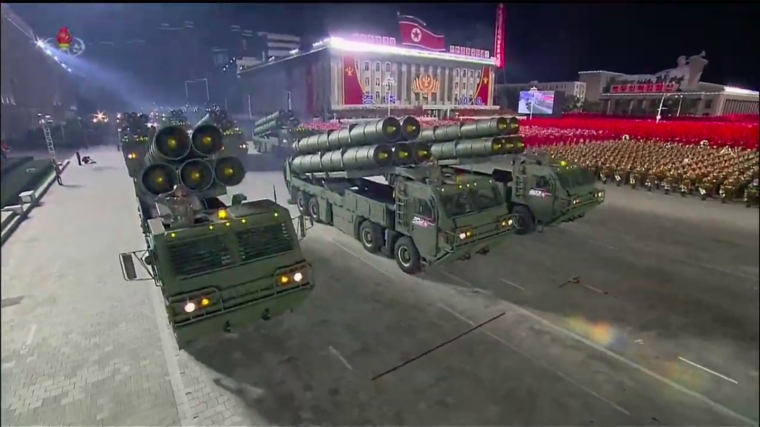 A screen grab taken from a KCNA broadcast on October 10, 2020 shows North Korean 600mm rockets during a military parade marking the 75th anniversary of the founding of the Workers' Party of Korea, on Kim Il Sung square in Pyongyang. - Nuclear-armed North Korea held a giant military parade, television images showed, with thousands of maskless troops defying the coronavirus threat and Pyongyang expected to put on show its latest and most advanced weapons. (Photo by - / KCNA VIA KNS / AFP) / - South Korea OUT / REPUBLIC OF KOREA OUT ---EDITORS NOTE--- RESTRICTED TO EDITORIAL USE - MANDATORY CREDIT AFP PHOTO/KCNA - NO MARKETING NO ADVERTISING CAMPAIGNS - DISTRIBUTED AS A SERVICE TO CLIENTS THIS PICTURE WAS MADE AVAILABLE BY A THIRD PARTY. AFP CAN NOT INDEPENDENTLY VERIFY THE AUTHENTICITY, LOCATION, DATE AND CONTENT OF THIS IMAGE. / (Photo by -/KCNA VIA KNS/AFP via Getty Images)