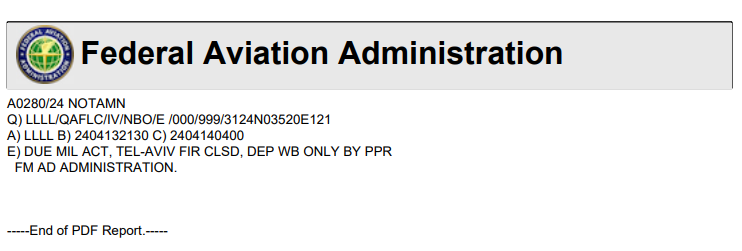 FAA-NOTAM-Tel Aviv Air Space CLOSED