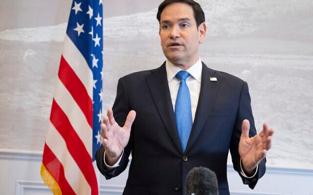 US Secretary of State Marco Rubio speaks to the media during a refueling stop at Shannon Airport in Shannon, Ireland, on March 12, 2025.  (Saul Loeb/Pool Photo via AP)