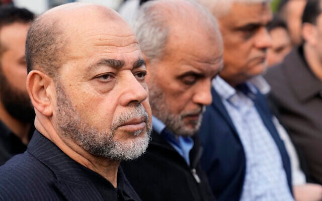 Hamas politburo member Moussa Abu Marzouk, front, attends the funeral of Saleh Arouri, in Beirut, Lebanon, January 4, 2024. (AP Photo/Hussein Malla) Hamas politburo member Moussa Abu Marzouk, front, attends the funeral of Saleh Arouri, in Beirut, Lebanon, January 4, 2024. (AP Photo/Hussein Malla)