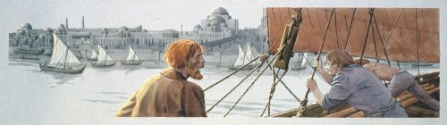 Vikings arrive at Constantinople, modern day Istanbul. Notice the Hagia Sophia in the background. Drawing: Flemming Bau. © Vikingeskibsmuseet.