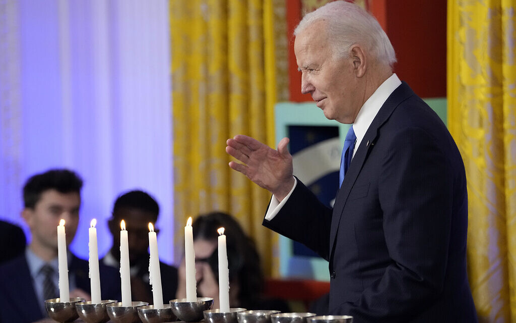 US President Joe Biden departs after attending a Hanukkah reception in the East Room of the White House in Washington, Monday, Dec. 11, 2023. (AP/Jacquelyn Martin, Pool) US President Joe Biden departs after attending a Hanukkah reception in the East Room of the White House in Washington, Monday, Dec. 11, 2023. (AP/Jacquelyn Martin, Pool)