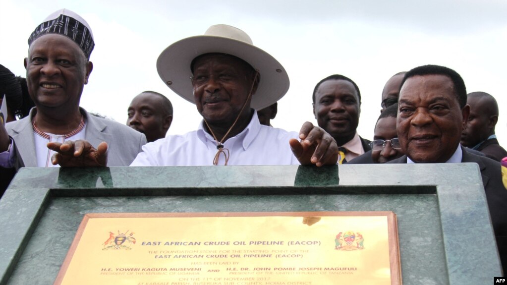 FILE - Uganda's President Yoweri Museveni delivers a speech during the ceremony marking the laying of the foundation stone for the starting point of the East Africa Crude Oil Pipeline (EACOP) in Kabaale. 