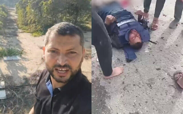 Ismail Abu Omar, an Al Jazeera reporter is seen (left) in Kibbutz Nir Oz on October 7, and after being hit in a strike in south Gaza's Rafah on February 13, 2024. (Screenshot: X)