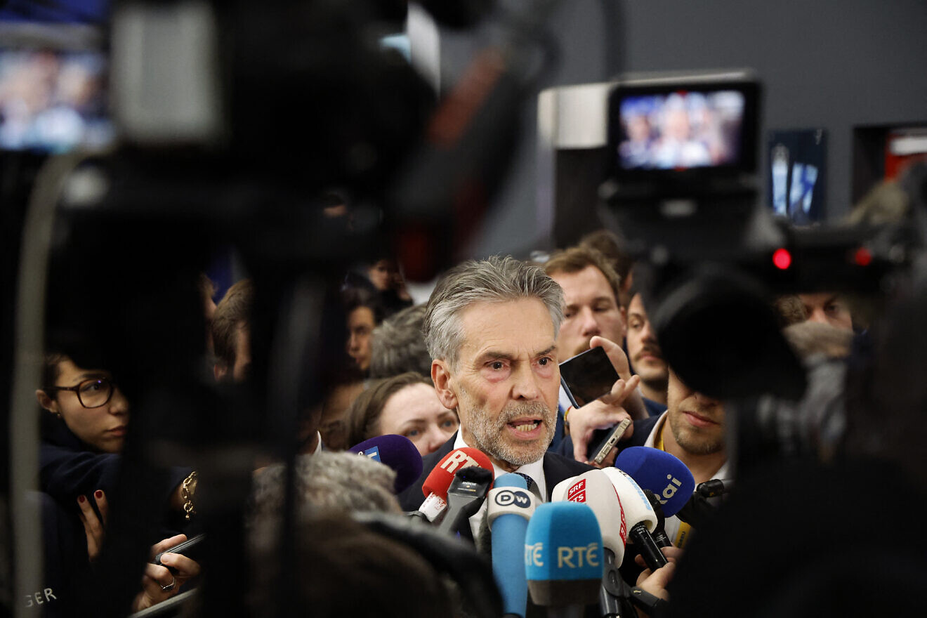 Dutch Prime Minister Dick Schoof addresses journalists on the clashes that erupted after a Europa League football match between Ajax Amsterdam and Maccabi Tel-Aviv in Amsterdam overnight, on the sidelines of an Informal Meeting of Heads of State or Government of the European Union in Budapest, on Nov. 8, 2024. Photo by Ludovic Marin/AFP via Getty Images.