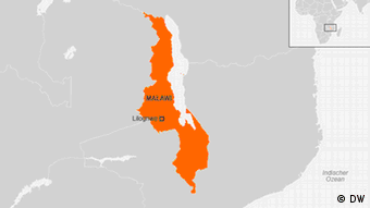 Ramani inayoonyesha mipaka ya kimataifa ya Malawi na mji mkuu wake Lilongwe.
