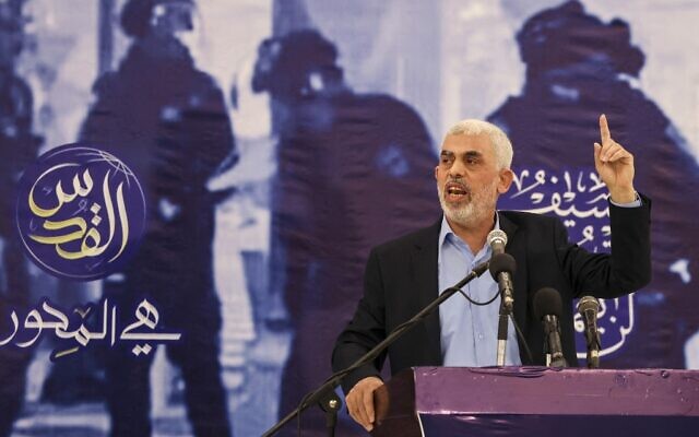 Hamas's leader in the Gaza Strip Yahya Sinwar speaks during a meeting in Gaza City, on April 30, 2022. (Mahmud Hams/AFP)
