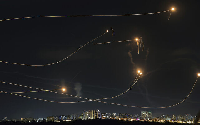 The Iron Dome air defense system fires to intercept a rocket fired from the Gaza Strip, in Ashkelon, October 20, 2023. (AP Photo/Avi Roccah)