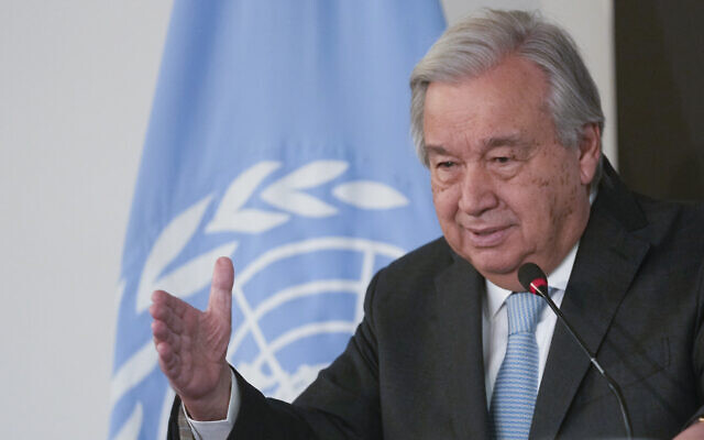 United Nations Secretary General Antonio Guterres speaks during a press conference with Egyptian Foreign Minister Sameh Shoukry, at the foreign ministry headquarters in Egypt's New Administrative Capital, March 24, 2024. (AP/Amr Nabil) United Nations Secretary General Antonio Guterres speaks during a press conference with Egyptian Foreign Minister Sameh Shoukry, at the foreign ministry headquarters in Egypt's New Administrative Capital, March 24, 2024. (AP/Amr Nabil)