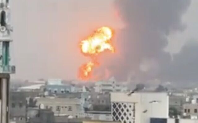 Fire and smoke can be seen rising in the distance in a video captured in Yemen following an Israeli strike on the Houthi-controlled Hodeidah port, September 29, 2024. (Screenshot, X, used in accordance with Clause 27a of the Copyright Law) Fire and smoke can be seen rising in the distance in a video captured in Yemen following an Israeli strike on the Houthi-controlled Hodeidah port, September 29, 2024. (Screenshot, X, used in accordance with Clause 27a of the Copyright Law)